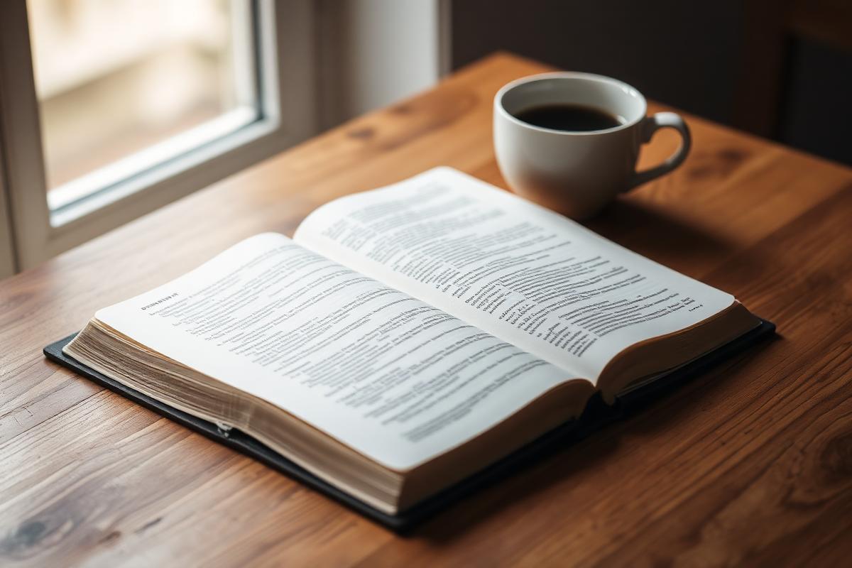An open Bible on a wooden table