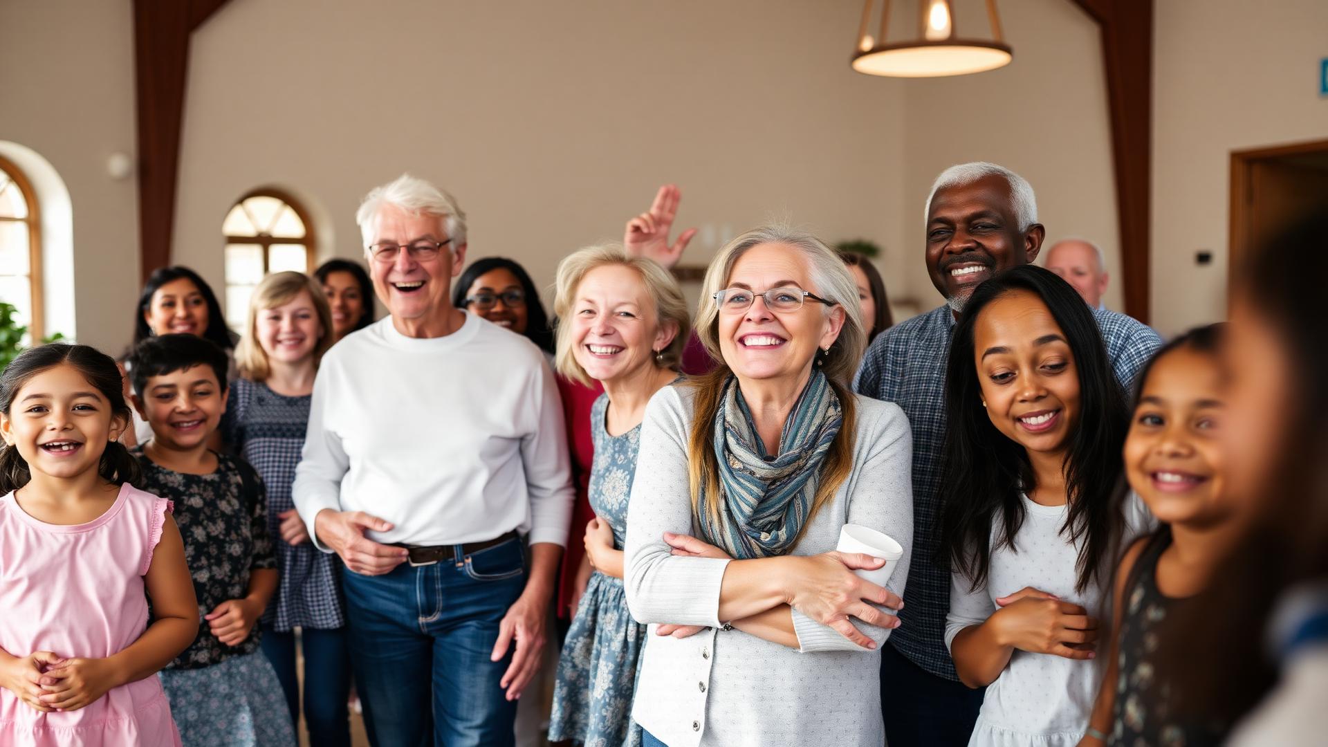Multigenerational church family gathered together after service