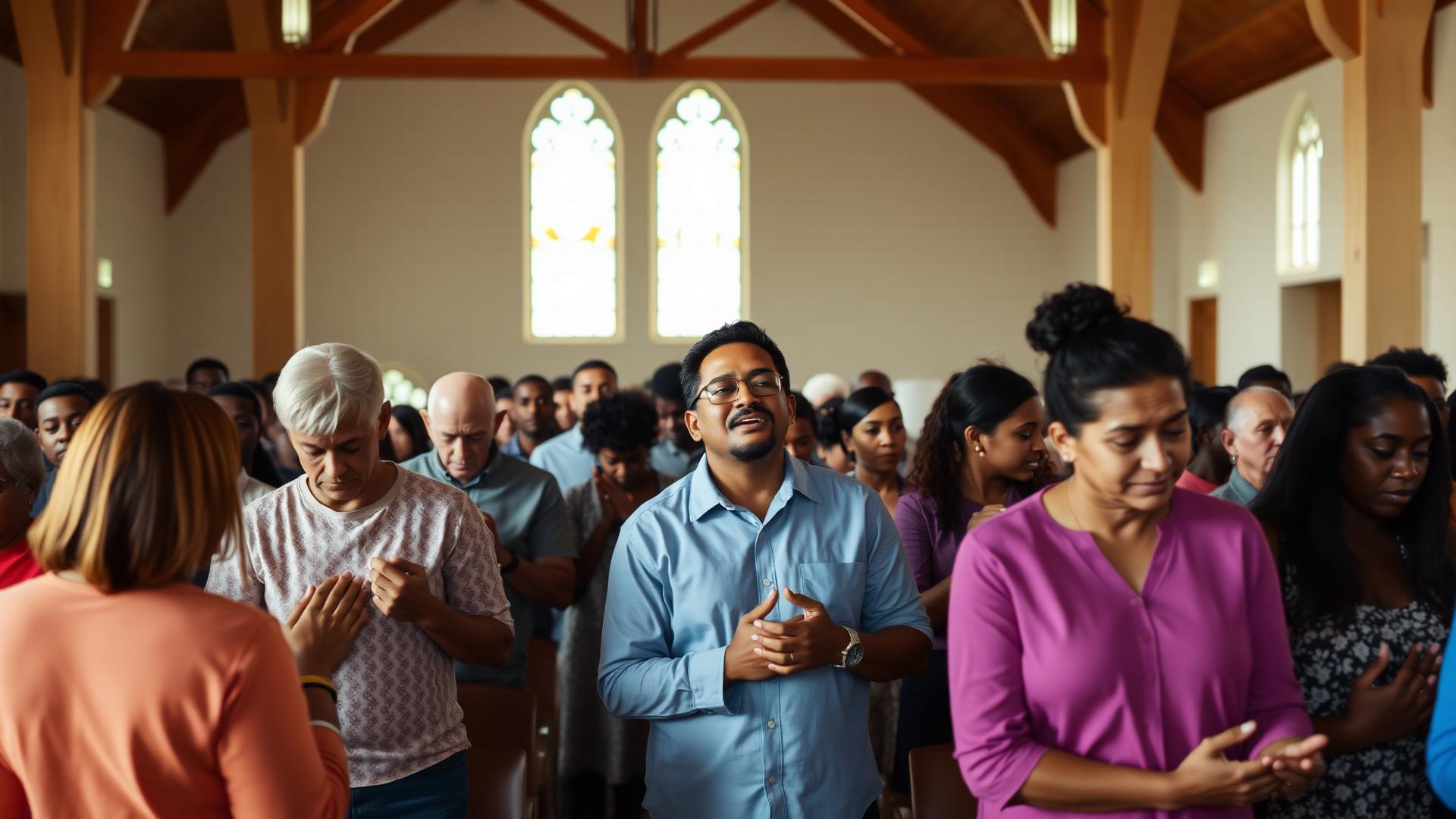 Church members praying together in the sanctuary