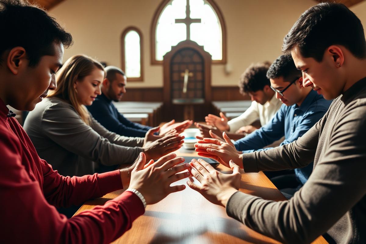 Church members joining hands in prayer